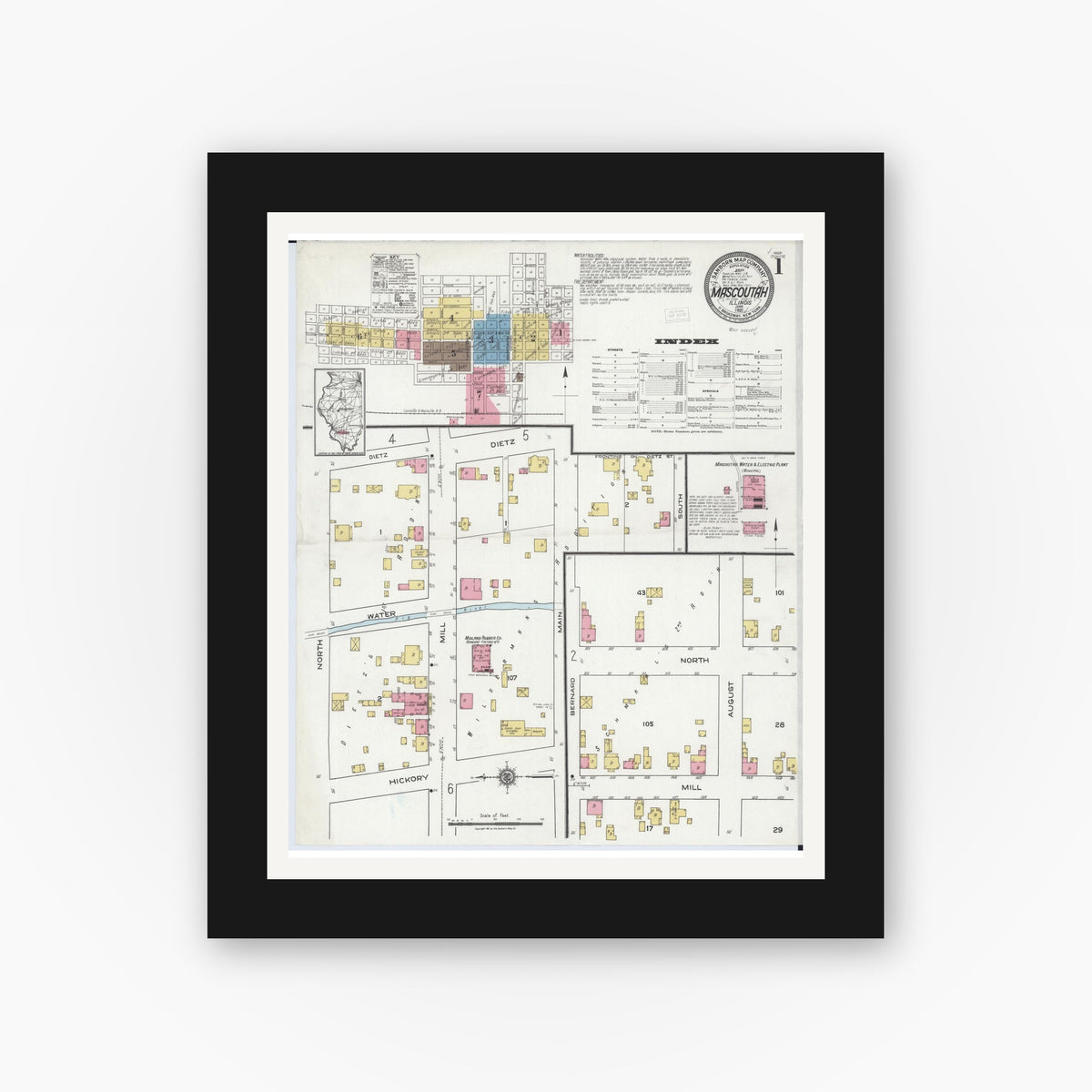 Old map wall art mockup — black gallery frame with white mat — Sanborn Fire Insurance Map from Mascoutah, Saint Clair County, Illinois (1921) - Complete Map Set