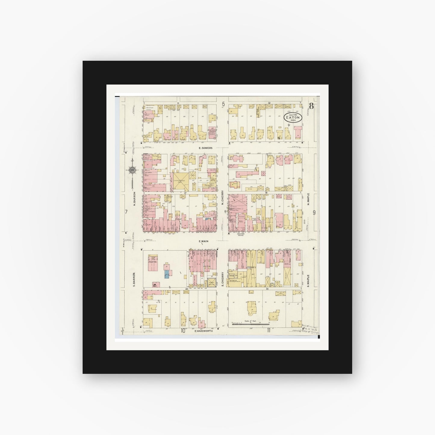 Old map wall art mockup — black gallery frame with white mat — Sanborn Fire Insurance Map from Eaton, Preble County, Ohio (1911), Sheet #0008