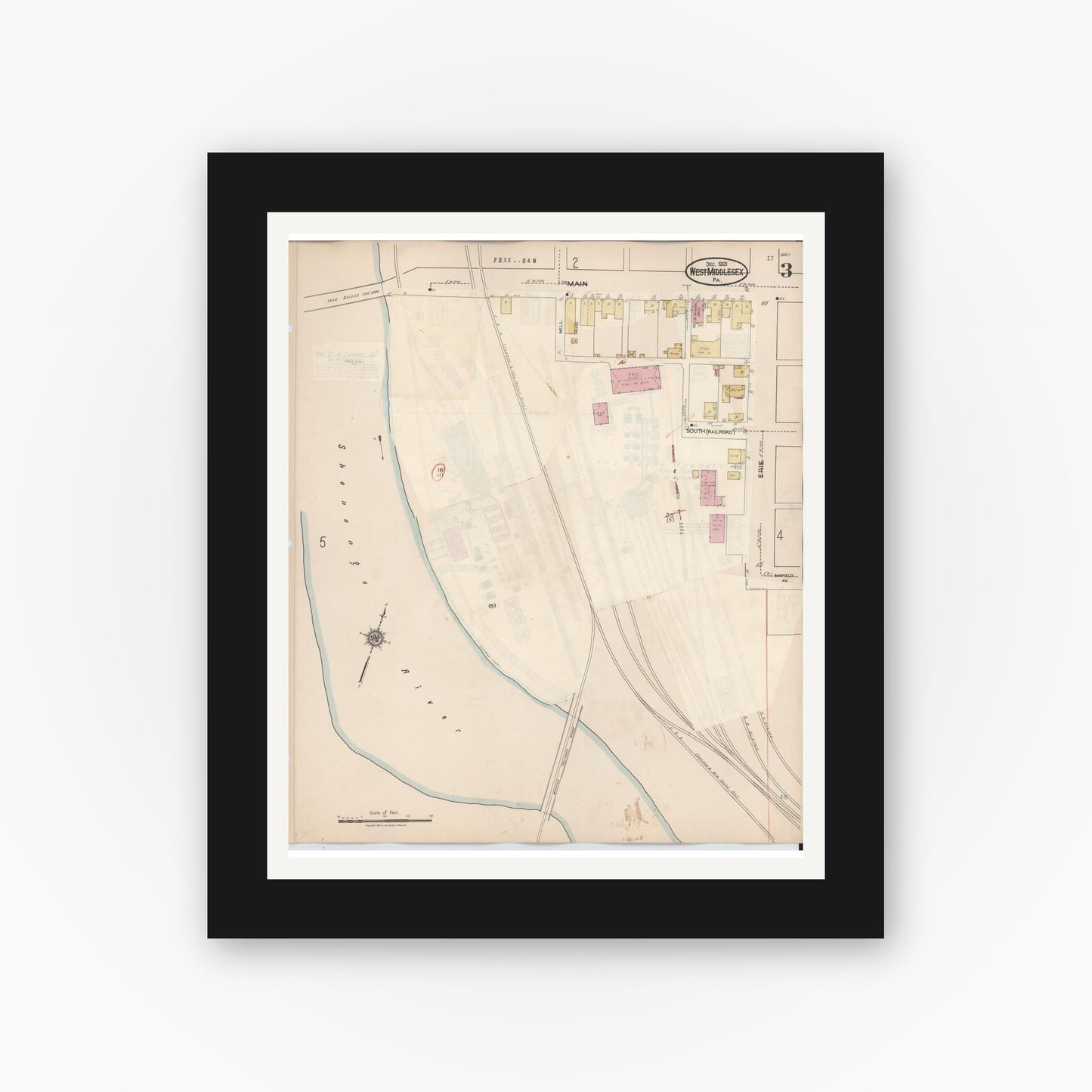 Old map wall art mockup — black gallery frame with white mat — Sanborn Fire Insurance Map from West Middlesex, Mercer County, Pennsylvania (1937), Sheet #0003