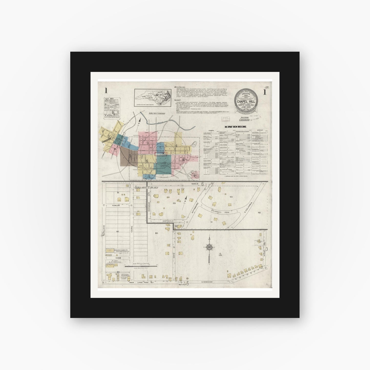 Old map wall art mockup — black gallery frame with white mat — Sanborn Fire Insurance Map from Chapel Hill, Orange County, North Carolina (1925) - Complete Map Set