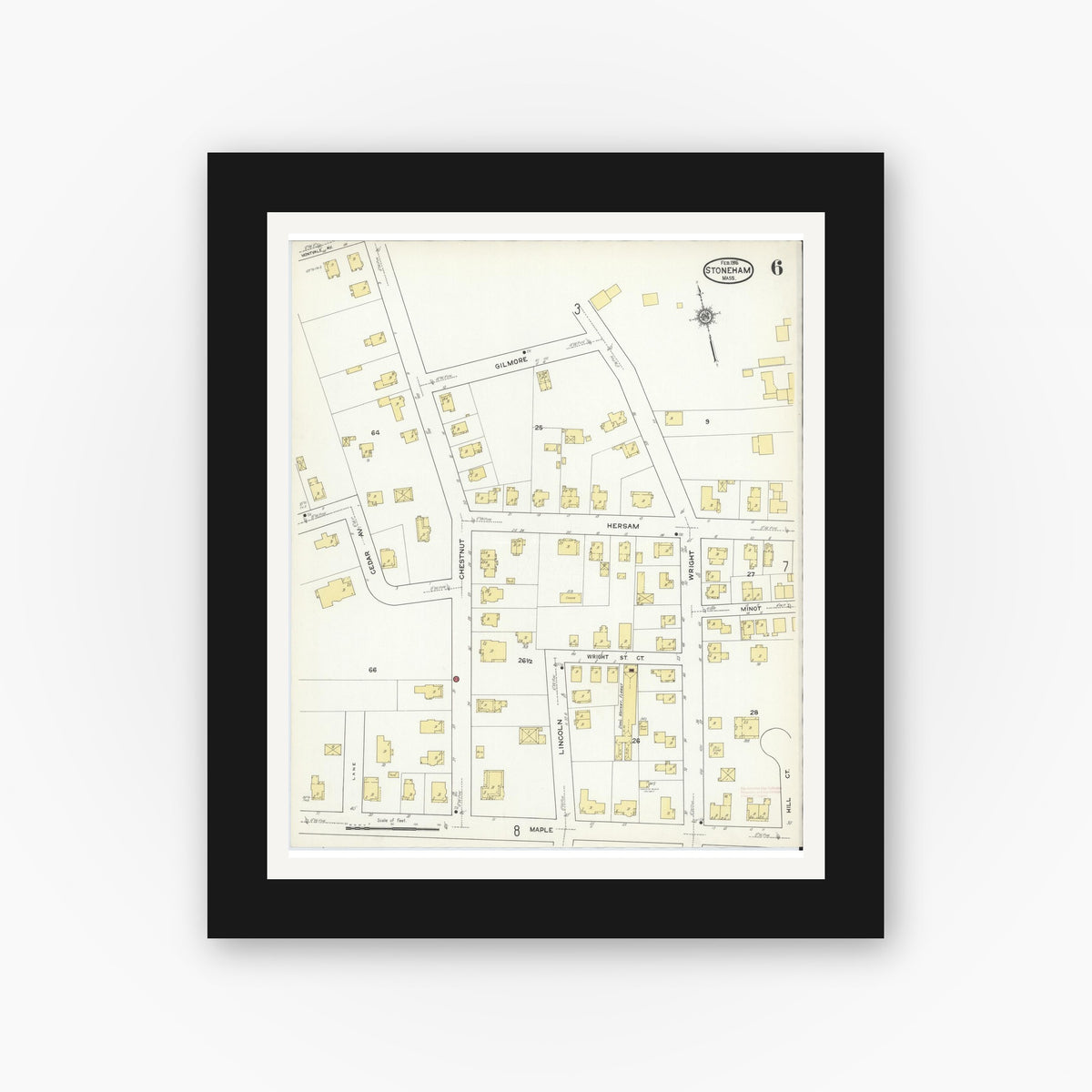 Old map wall art mockup — black gallery frame with white mat — Sanborn Fire Insurance Map from Stoneham, Middlesex County, Massachusetts (1916), Sheet #0006