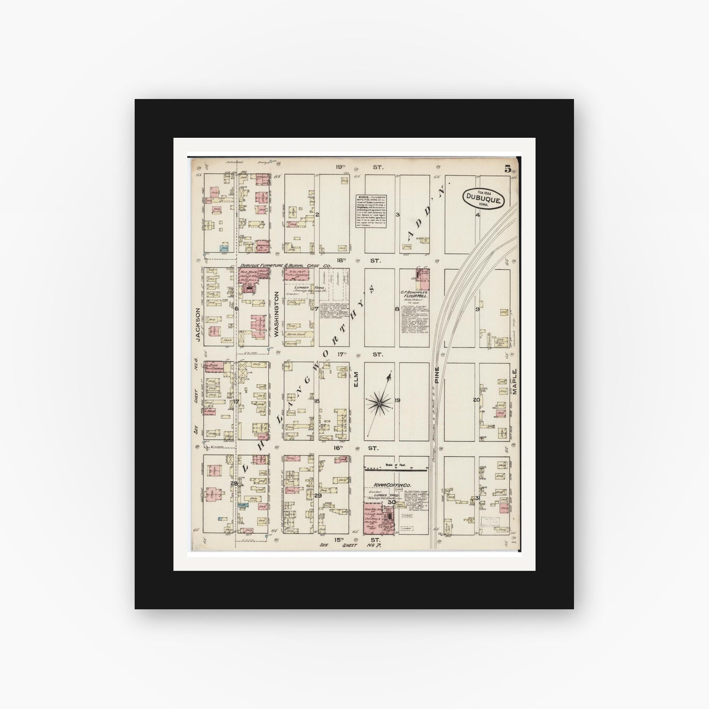 Old map wall art mockup — black gallery frame with white mat — Sanborn Fire Insurance Map from Dubuque, Dubuque County, Iowa (1884), Sheet #0005