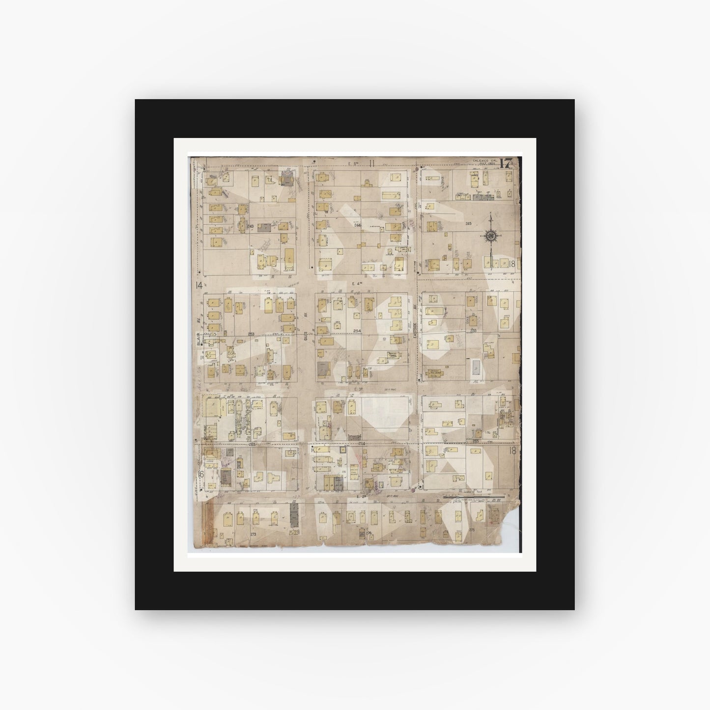 Old map wall art mockup — black gallery frame with white mat — Sanborn Fire Insurance Map from Calexico, Imperial County, California (1956), Sheet #0017