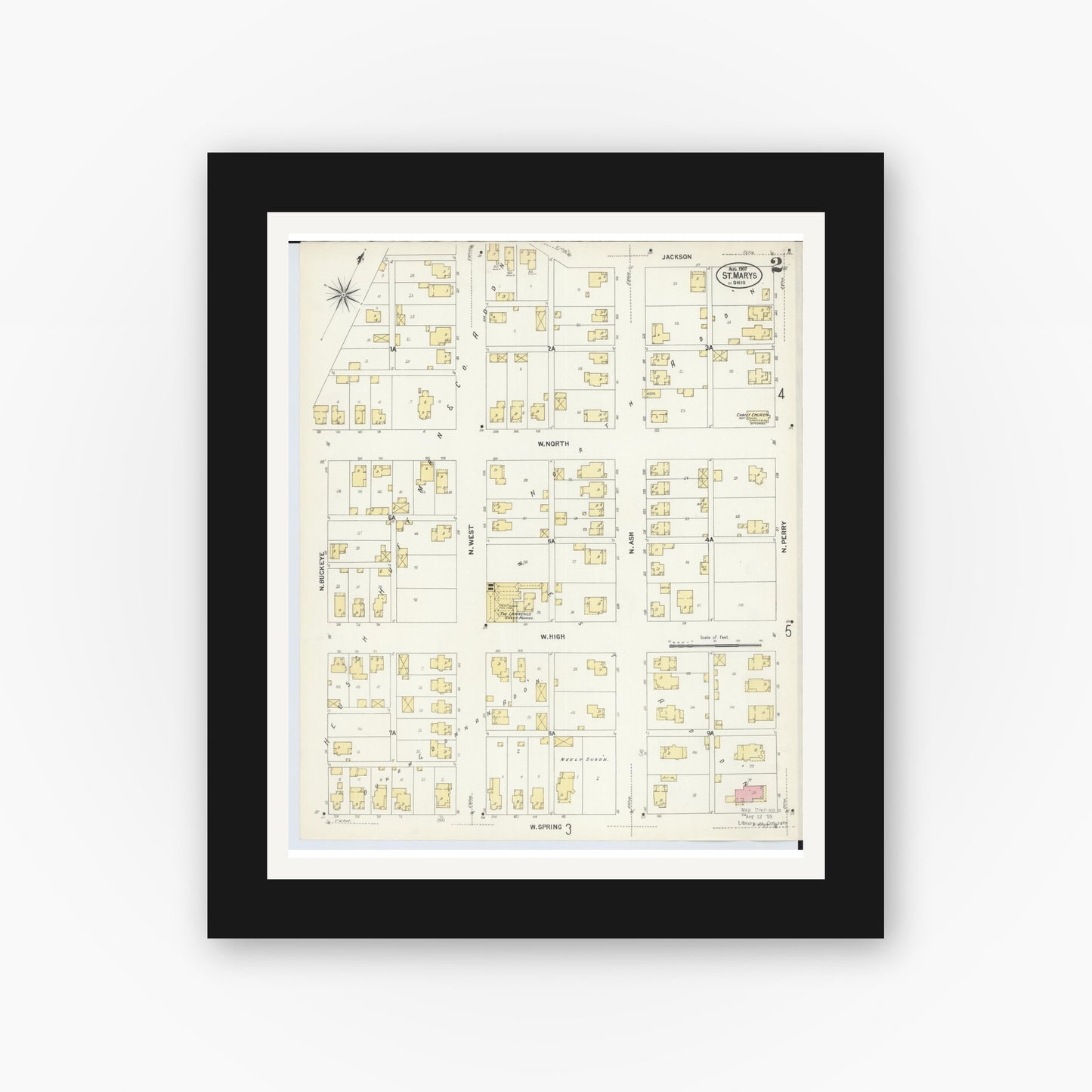 Old map wall art mockup — black gallery frame with white mat — Sanborn Fire Insurance Map from Saint Marys, Auglaize County, Ohio (1907), Sheet #0002