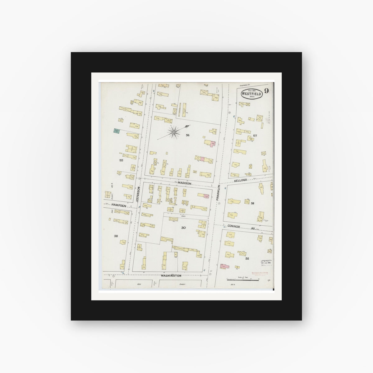 Old map wall art mockup — black gallery frame with white mat — Sanborn Fire Insurance Map from Westfield, Hampden County, Massachusetts (1889), Sheet #0009
