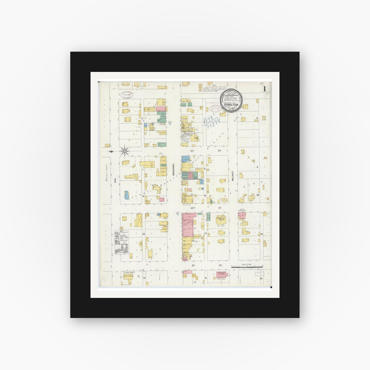Old map wall art mockup — black gallery frame with white mat — Sanborn Fire Insurance Map from Hamilton, Hancock County, Illinois (1898), Sheet #0001