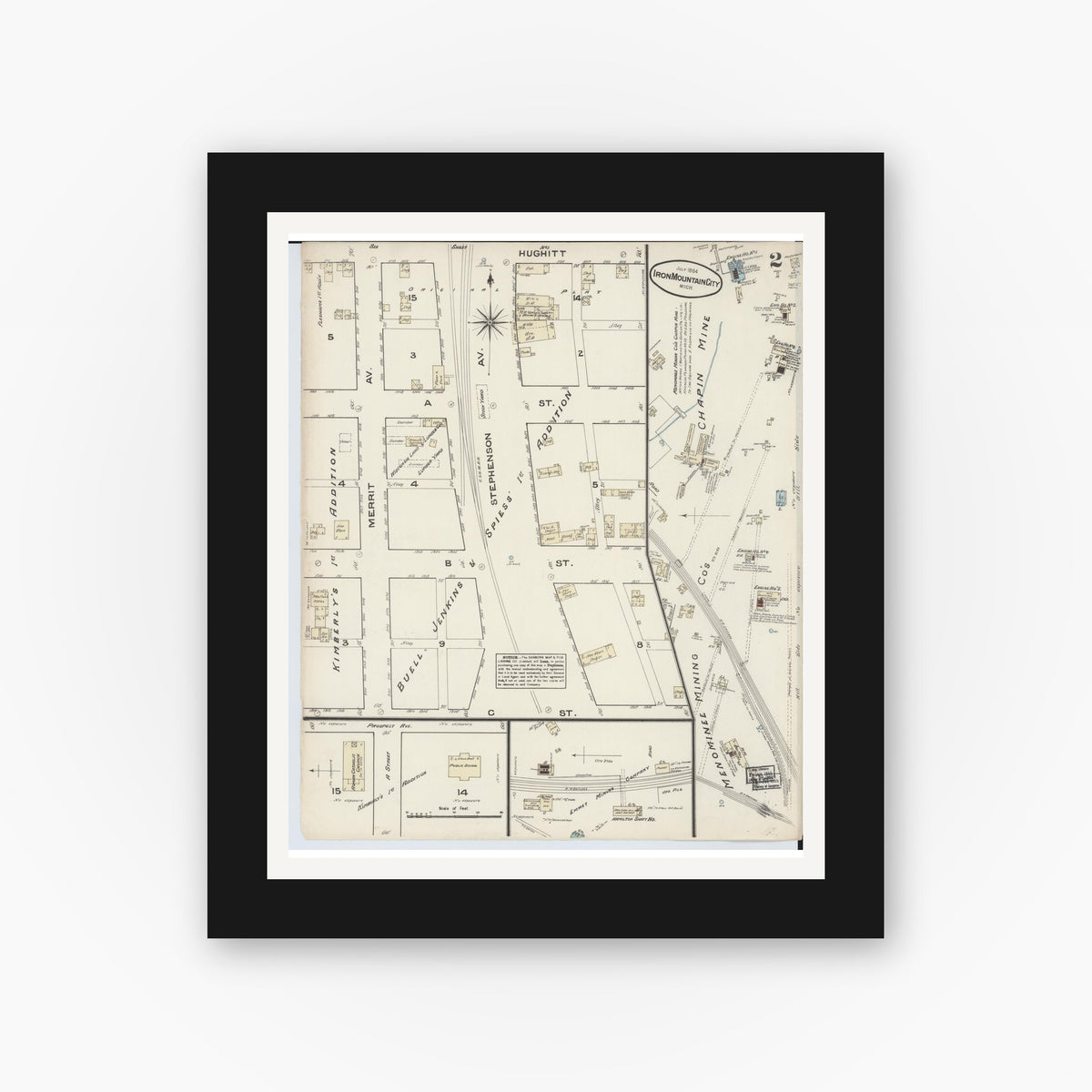 Old map wall art mockup — black gallery frame with white mat — Sanborn Fire Insurance Map from Iron Mountain, Dickinson County, Michigan (1884), Sheet #0002