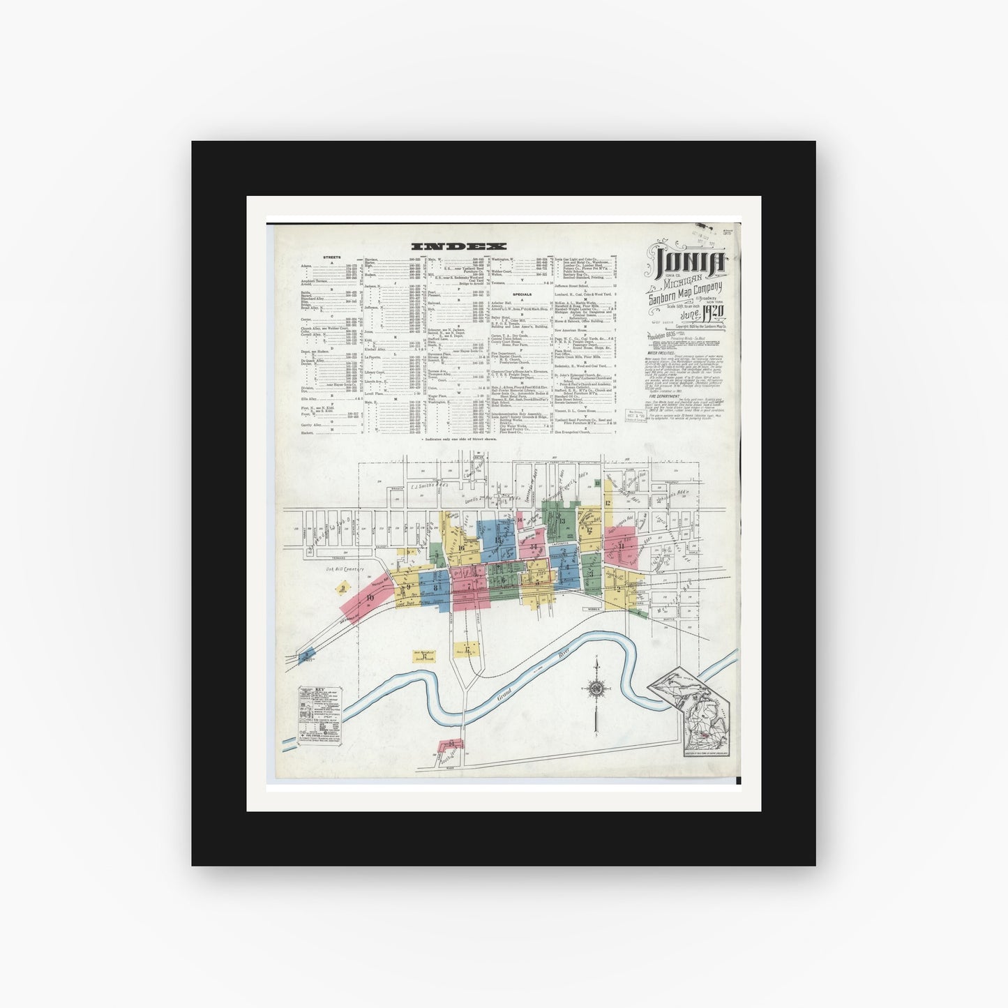 Old map wall art mockup — black gallery frame with white mat — Sanborn Fire Insurance Map from Ionia, Ionia County, Michigan (1920) - Complete Map Set