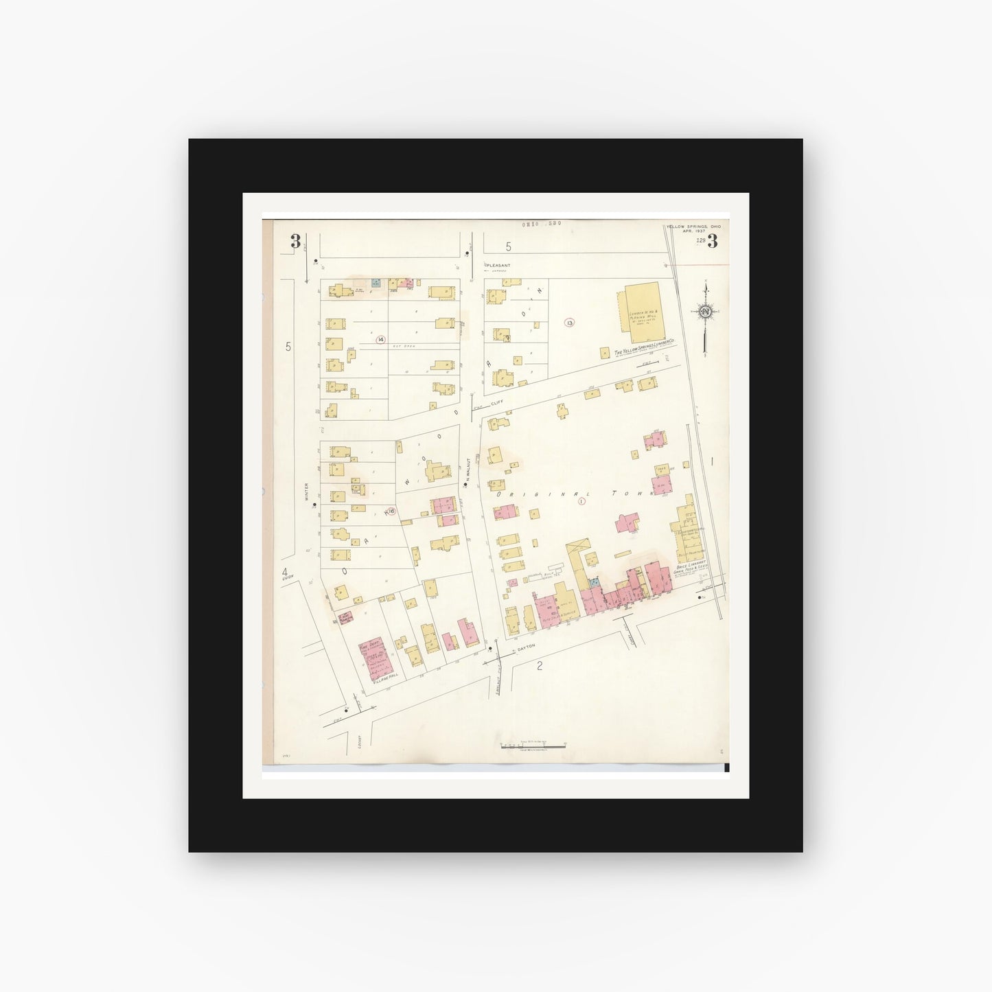 Old map wall art mockup — black gallery frame with white mat — Sanborn Fire Insurance Map from Yellow Springs, Greene County, Ohio (1945), Sheet #0003
