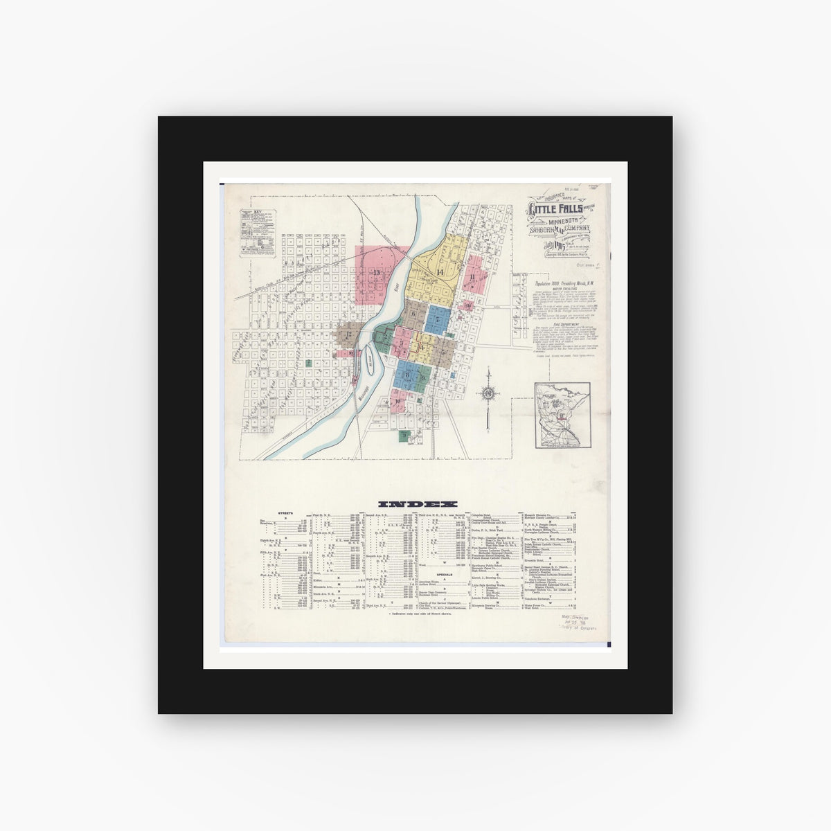 Old map wall art mockup — black gallery frame with white mat — Sanborn Fire Insurance Map from Little Falls, Morrison County, Minnesota (1915) - Complete Map Set