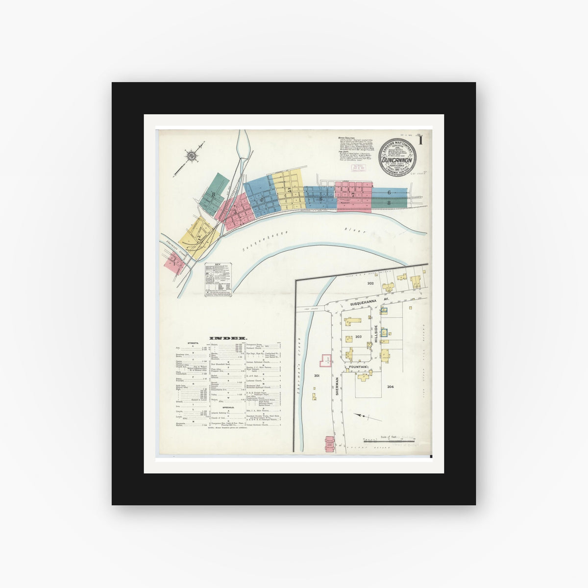 Old map wall art mockup — black gallery frame with white mat — Sanborn Fire Insurance Map from Duncannon, Perry County, Pennsylvania (1911), Sheet #0001