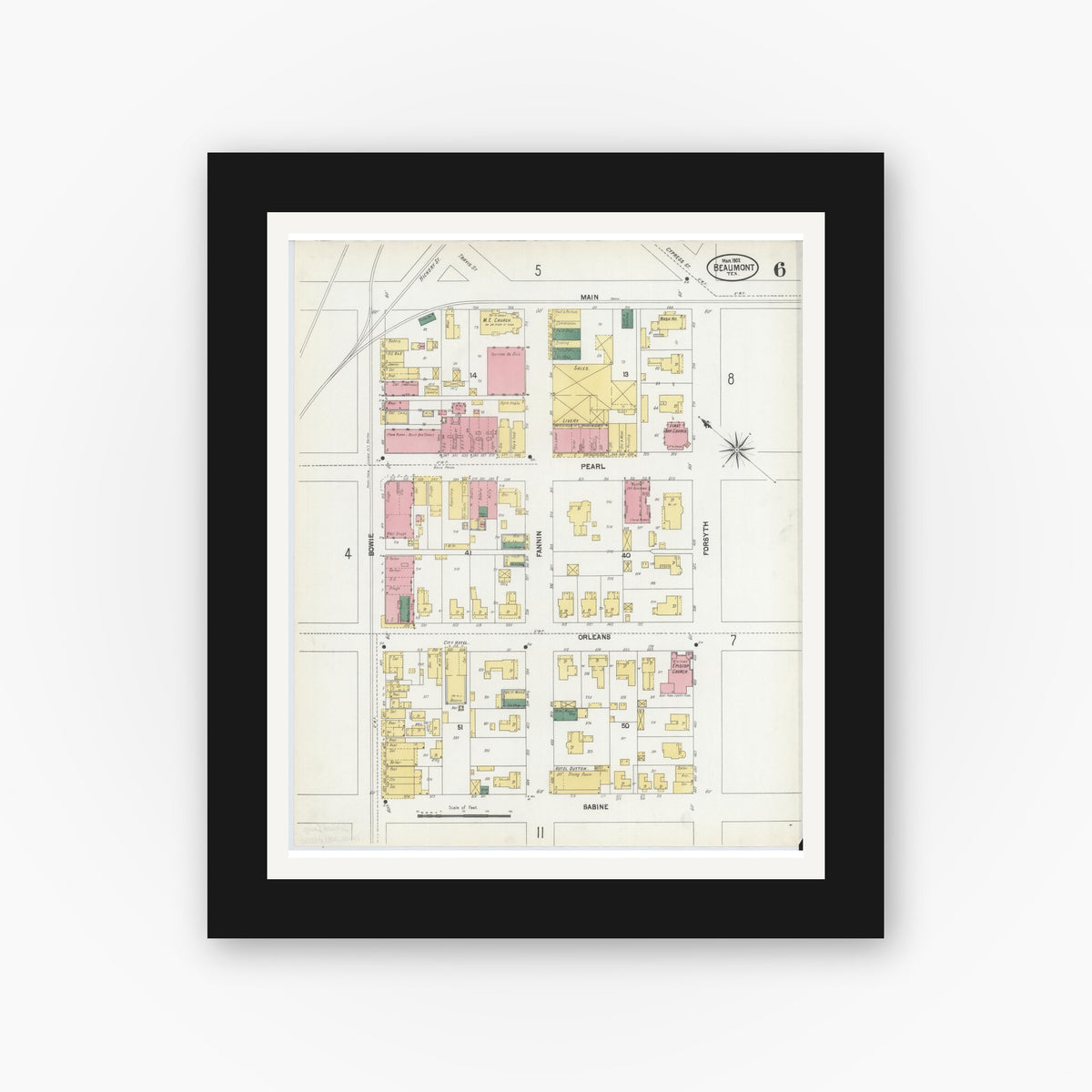 Old map wall art mockup — black gallery frame with white mat — Sanborn Fire Insurance Map from Beaumont, Jefferson County, Texas (1902), Sheet #0006