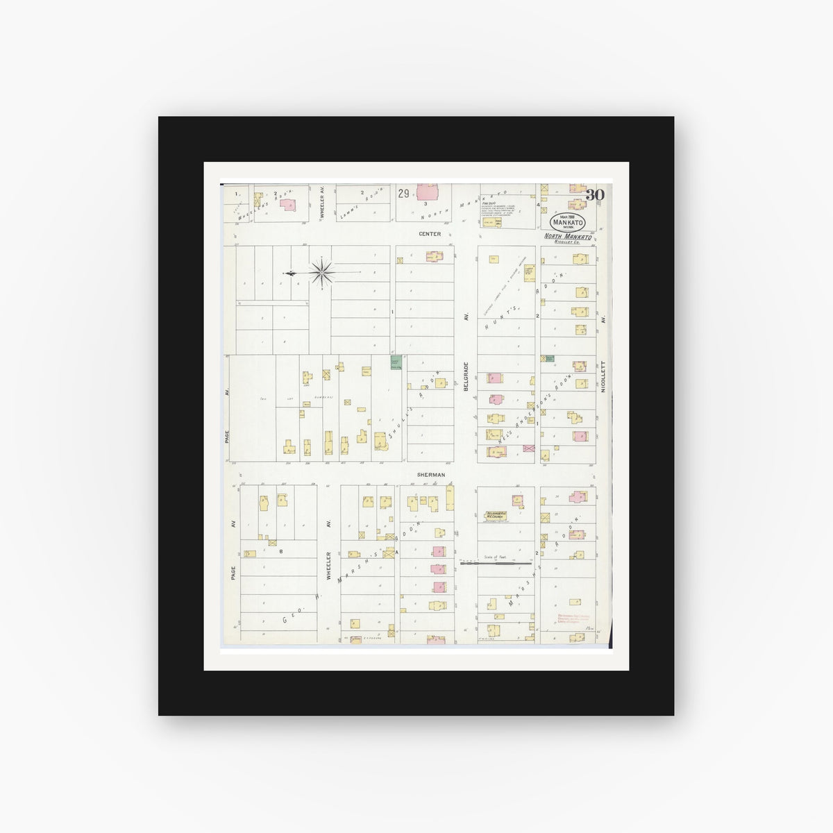 Old map wall art mockup — black gallery frame with white mat — Sanborn Fire Insurance Map from Mankato, Blue Earth County, Minnesota (1908), Sheet #0030