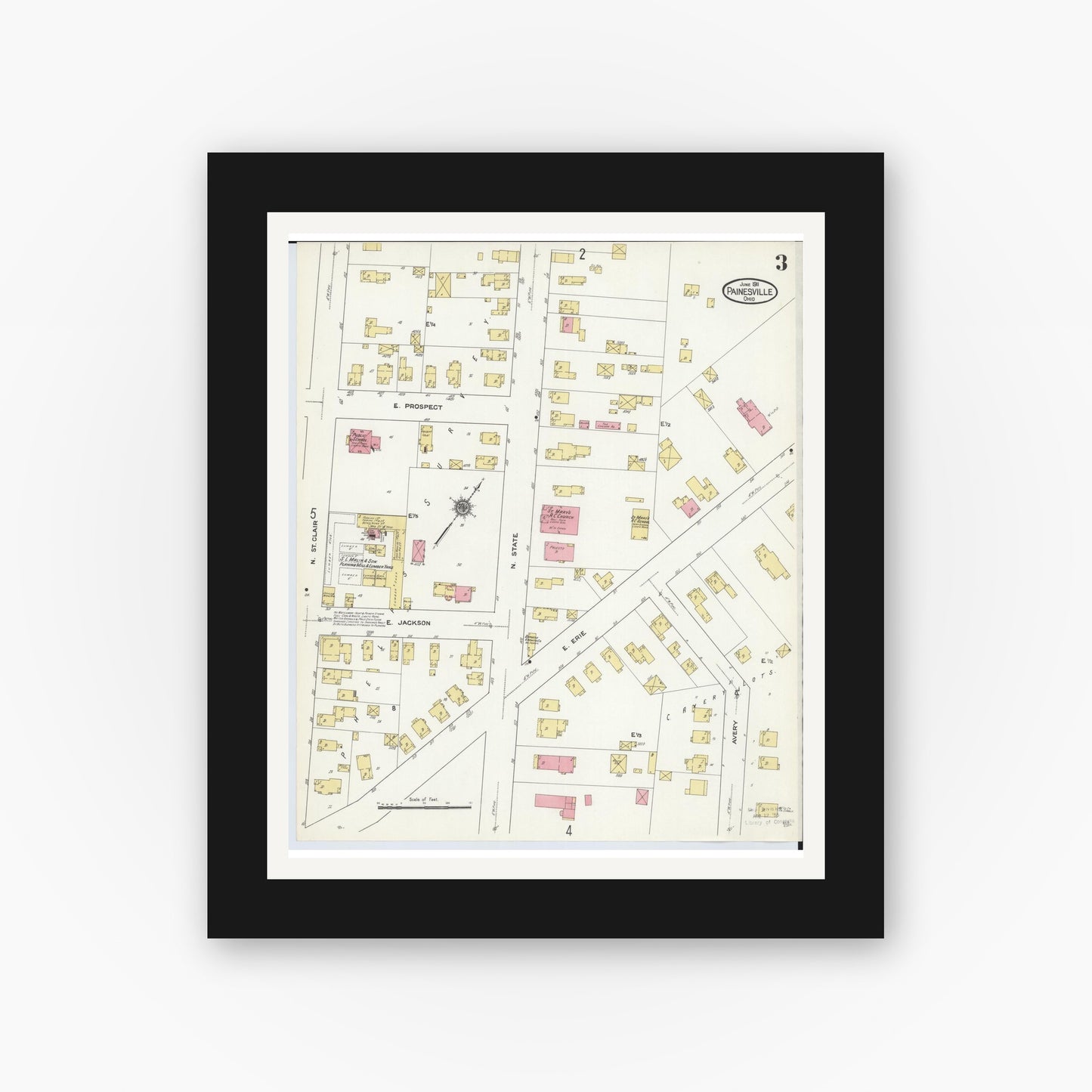 Old map wall art mockup — black gallery frame with white mat — Sanborn Fire Insurance Map from Painesville, Lake County, Ohio (1911), Sheet #0003