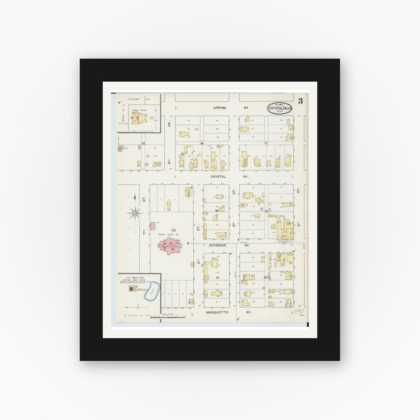 Old map wall art mockup — black gallery frame with white mat — Sanborn Fire Insurance Map from Crystal Falls, Iron County, Michigan (1892), Sheet #0003