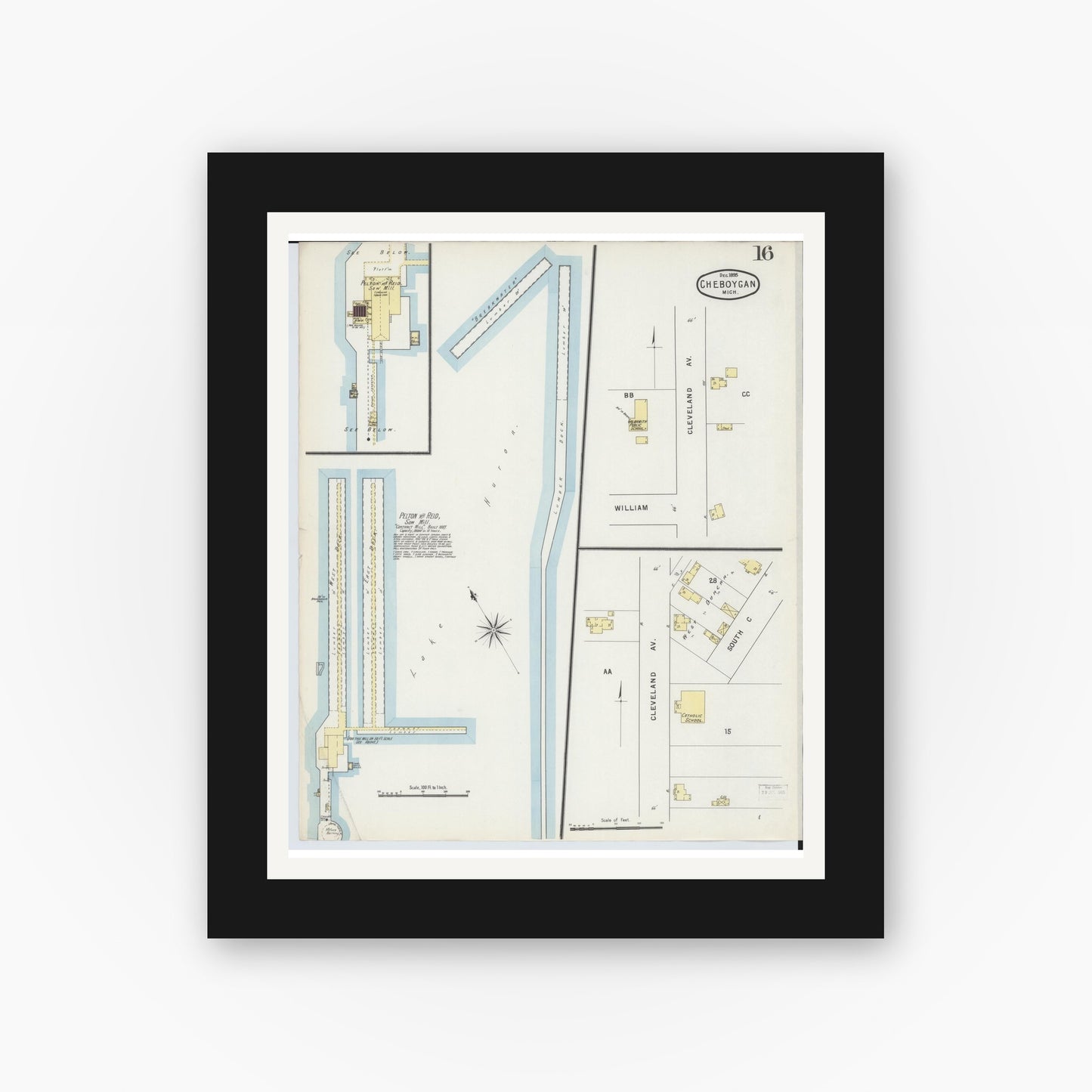 Old map wall art mockup — black gallery frame with white mat — Sanborn Fire Insurance Map from Cheboygan, Cheboygan County, Michigan (1895), Sheet #0016