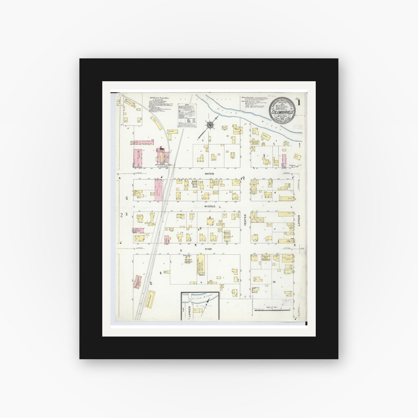 Old map wall art mockup — black gallery frame with white mat — Sanborn Fire Insurance Map from Columbiaville, Lapeer County, Michigan (1910), Sheet #0001