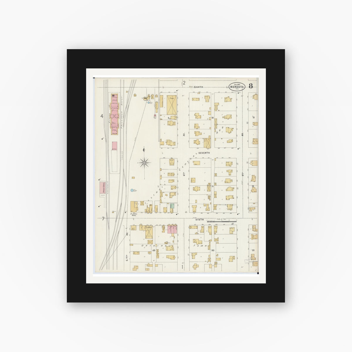 Old map wall art mockup — black gallery frame with white mat — Sanborn Fire Insurance Map from Mendota, La Salle County, Illinois (1897), Sheet #0008