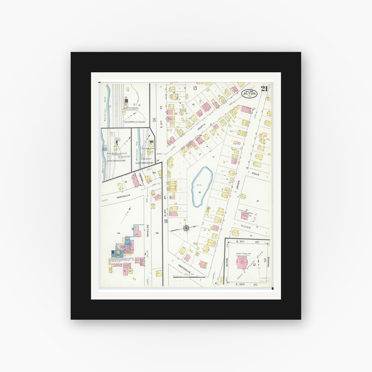Old map wall art mockup — black gallery frame with white mat — Sanborn Fire Insurance Map from Alton, Madison County, Illinois (1909), Sheet #0021