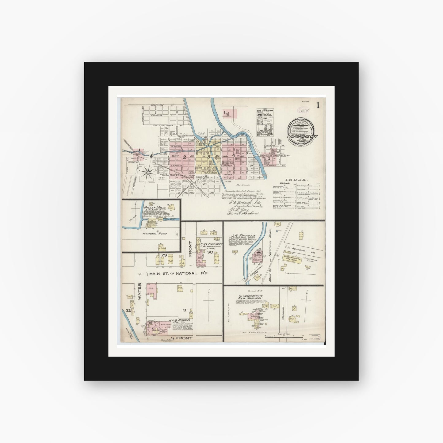 Old map wall art mockup — black gallery frame with white mat — Sanborn Fire Insurance Map from Cambridge City, Wayne County, Indiana (1886) - Complete Map Set