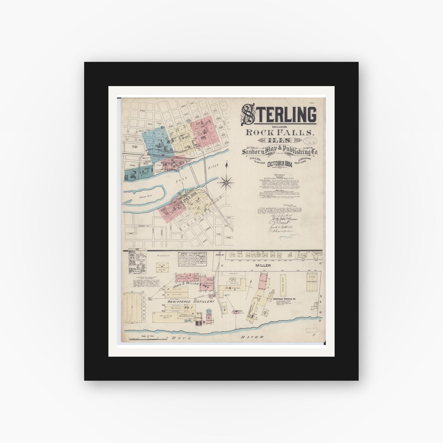 Old map wall art mockup — black gallery frame with white mat — Sanborn Fire Insurance Map from Sterling, Whiteside County, Illinois (1884) - Complete Map Set