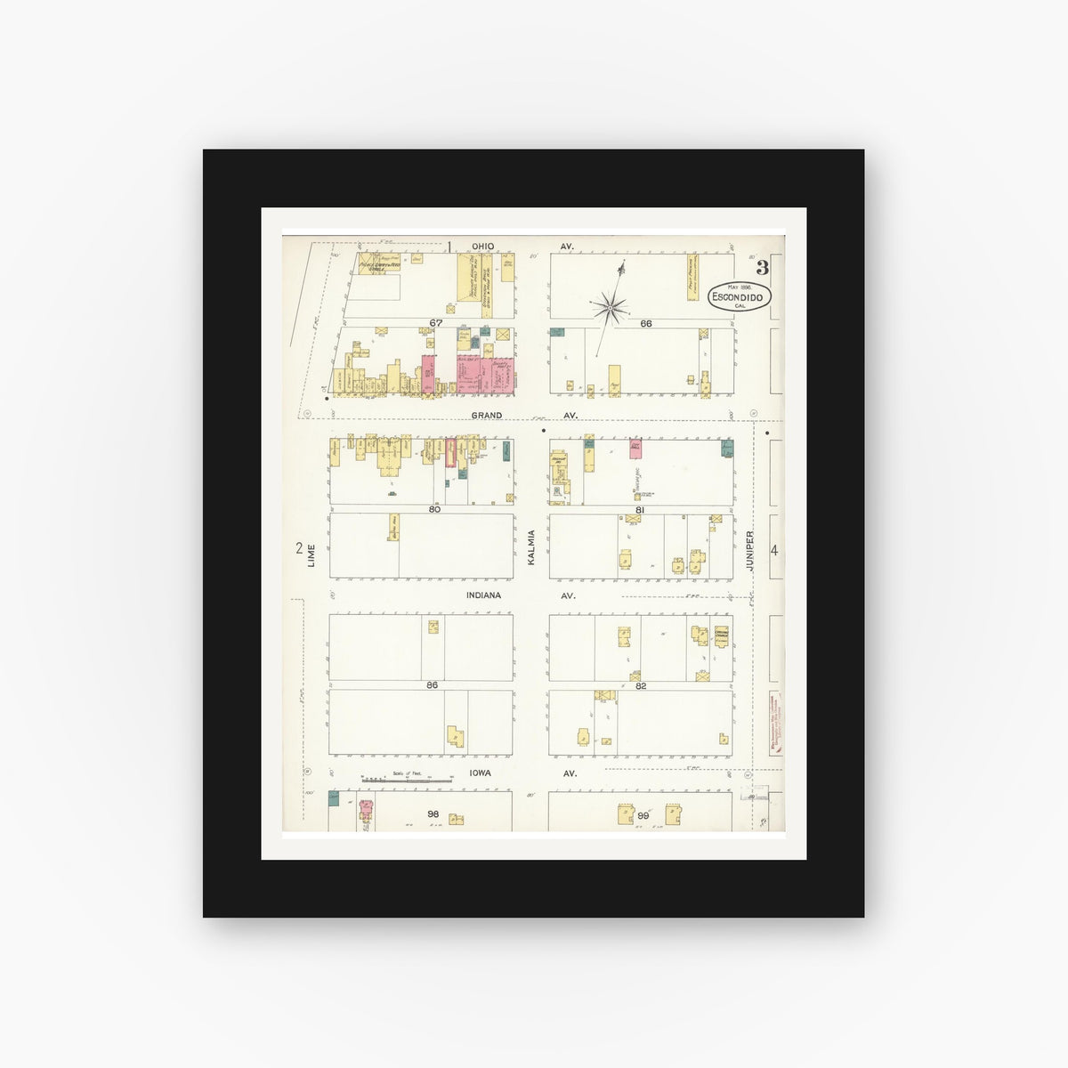 Old map wall art mockup — black gallery frame with white mat — Sanborn Fire Insurance Map from Escondido, San Diego County, California (1896), Sheet #0003