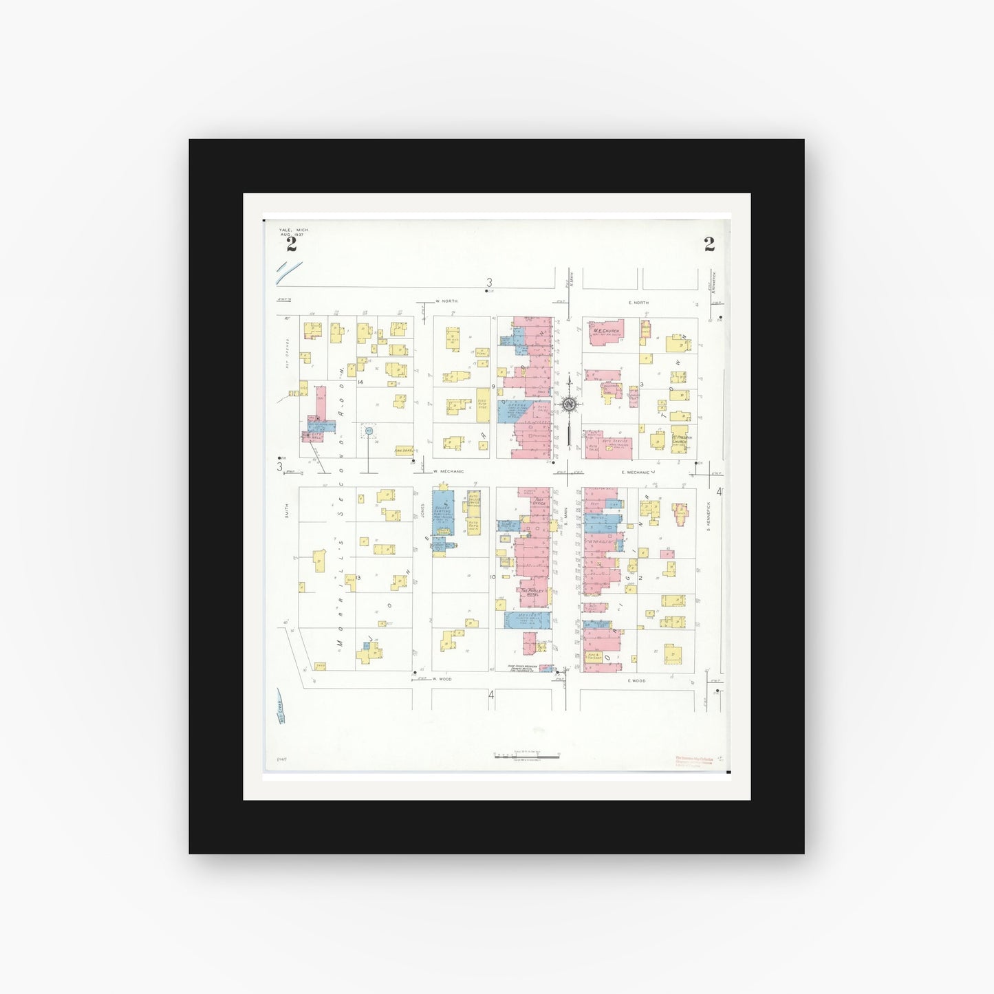 Old map wall art mockup — black gallery frame with white mat — Sanborn Fire Insurance Map from Yale, Saint Clair County, Michigan (1937), Sheet #0002
