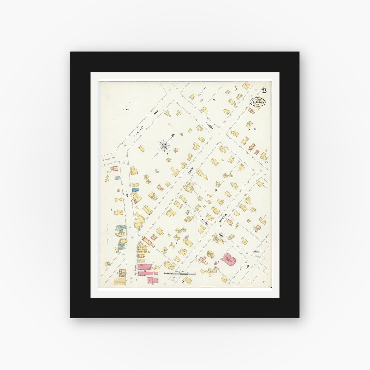Old map wall art mockup — black gallery frame with white mat — Sanborn Fire Insurance Map from Allegany, Cattaraugus County, New York (1907), Sheet #0002