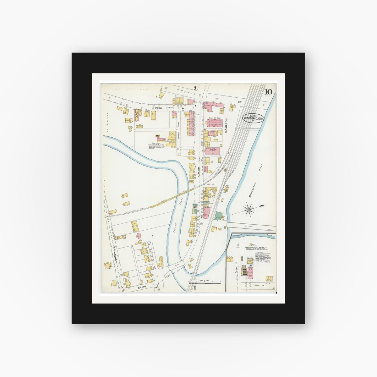 Old map wall art mockup β black gallery frame with white mat β Sanborn Fire Insurance Map from Monongahela City, Washington County, Pennsylvania (1905), Sheet #0010