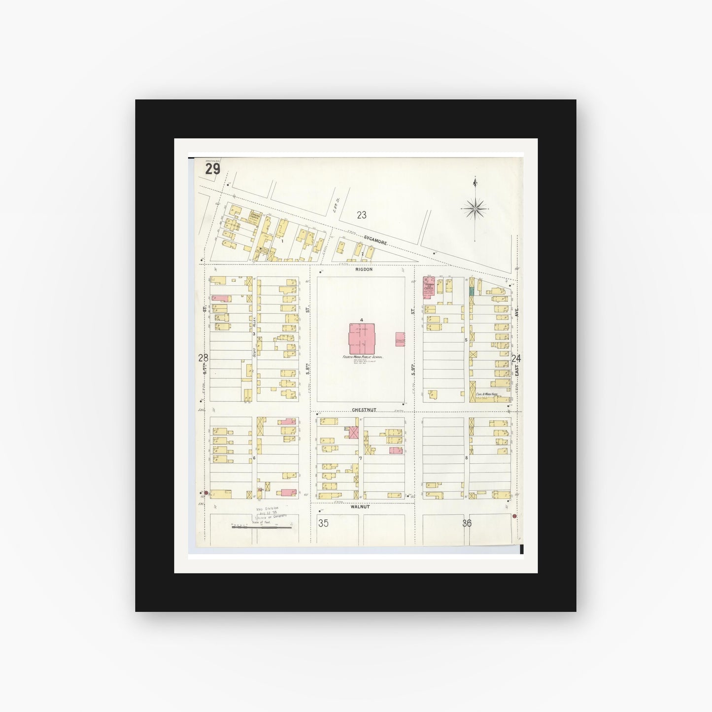 Old map wall art mockup — black gallery frame with white mat — Sanborn Fire Insurance Map from Hamilton, Butler County, Ohio (1899), Sheet #0029