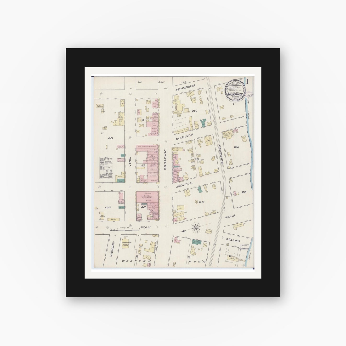 Old map wall art mockup — black gallery frame with white mat — Sanborn Fire Insurance Map from Brunswick, Chariton County, Missouri (1885) - Complete Map Set