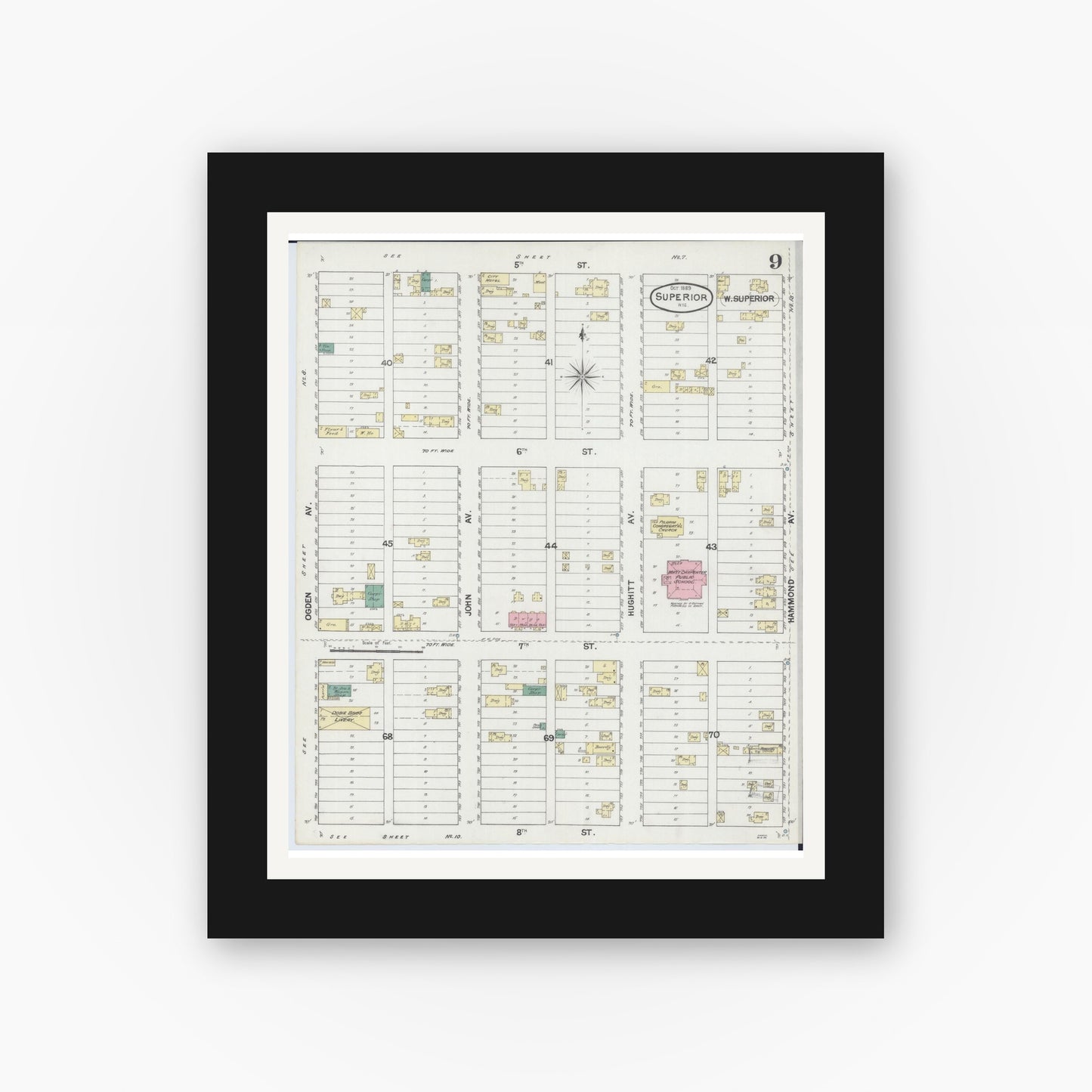Old map wall art mockup — black gallery frame with white mat — Sanborn Fire Insurance Map from Superior, Douglas County, Wisconsin (1889), Sheet #0009
