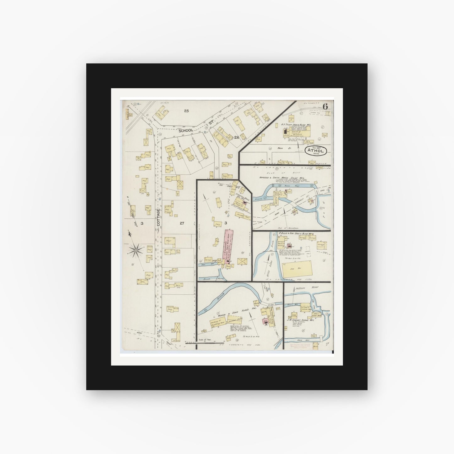 Old map wall art mockup — black gallery frame with white mat — Sanborn Fire Insurance Map from Athol, Worcester County, Massachusetts (1887), Sheet #0006