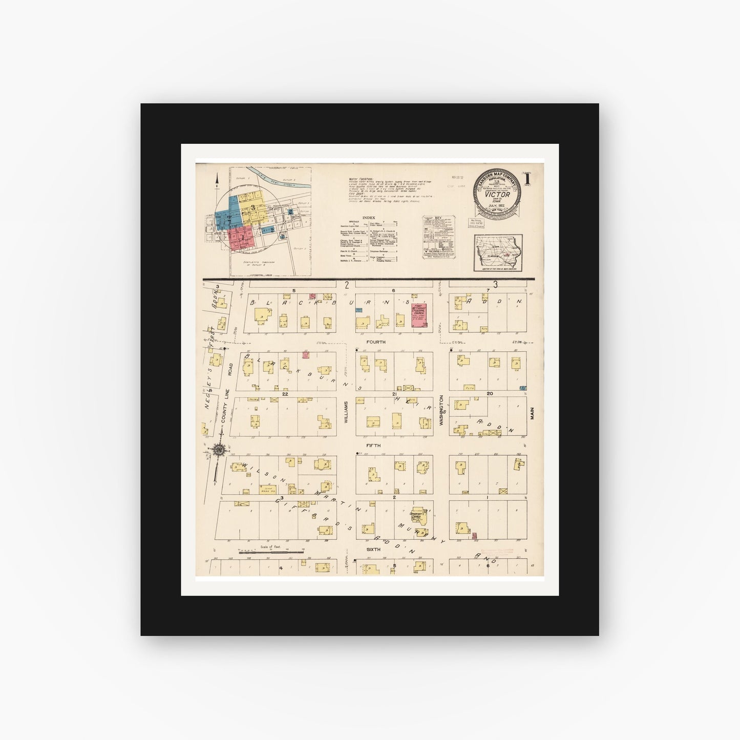 Old map wall art mockup — black gallery frame with white mat — Sanborn Fire Insurance Map from Victor, Iowa County, Iowa (1922) — Complete Set