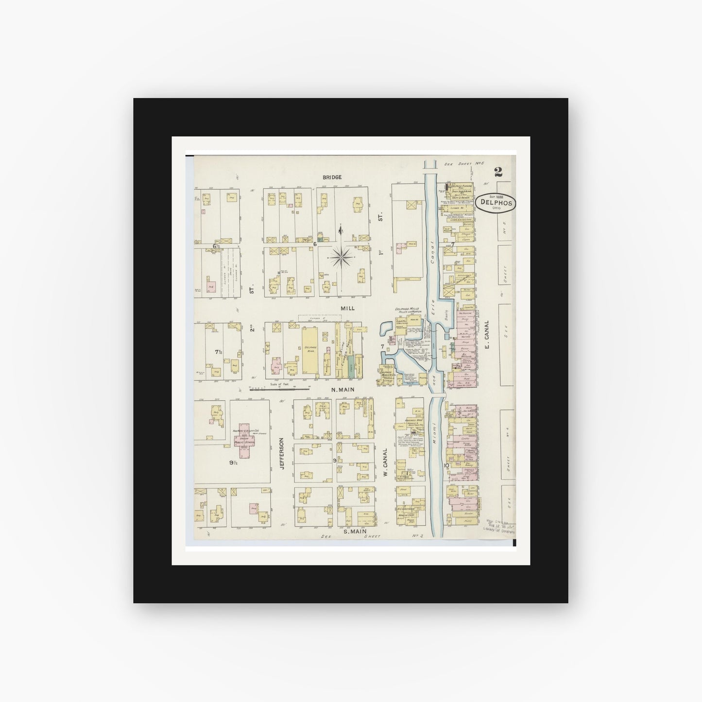 Old map wall art mockup — black gallery frame with white mat — Sanborn Fire Insurance Map from Delphos, Van Wert And Allen Counties, Ohio (1888), Sheet #0002