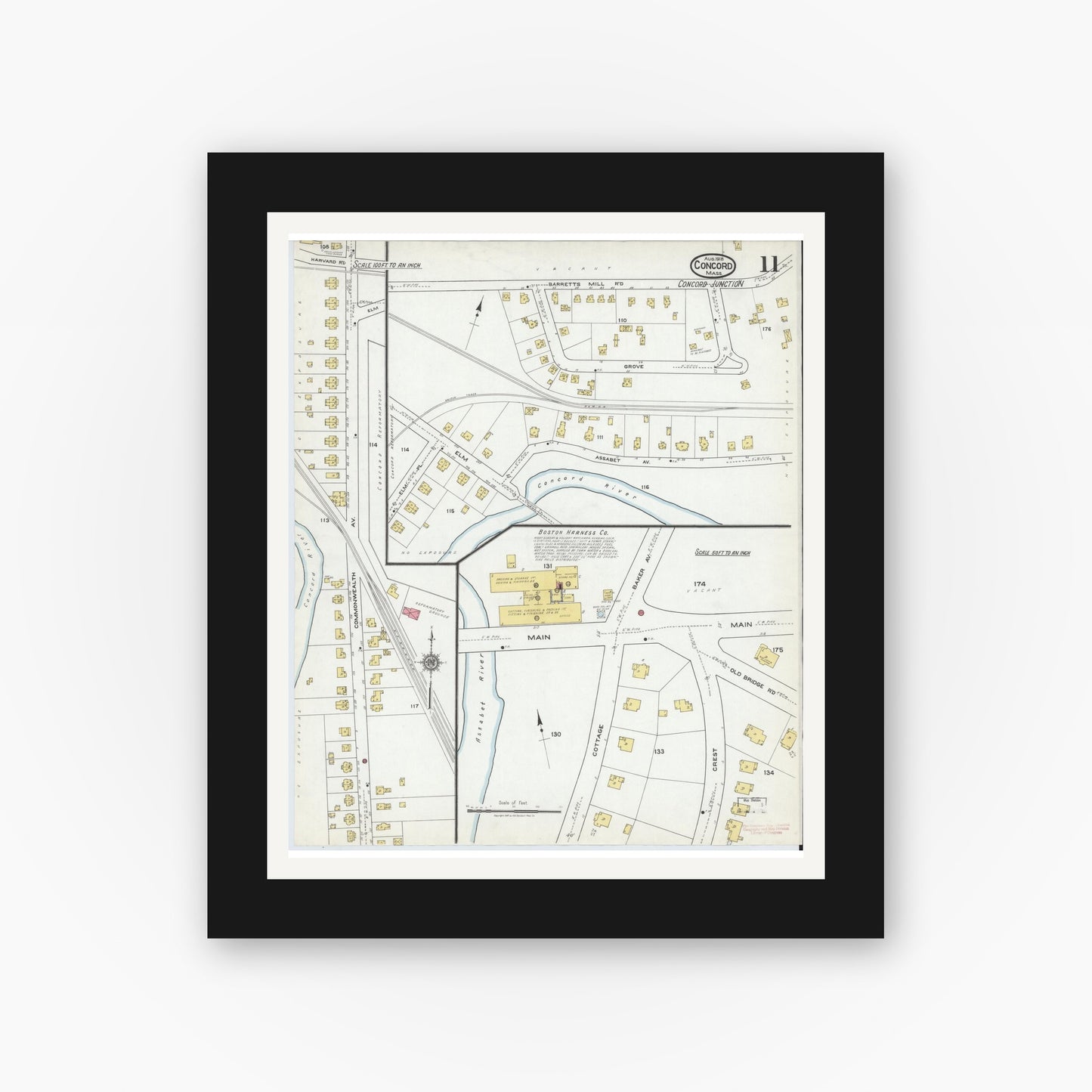 Old map wall art mockup — black gallery frame with white mat — Sanborn Fire Insurance Map from Concord, Middlesex County, Massachusetts (1918), Sheet #0011
