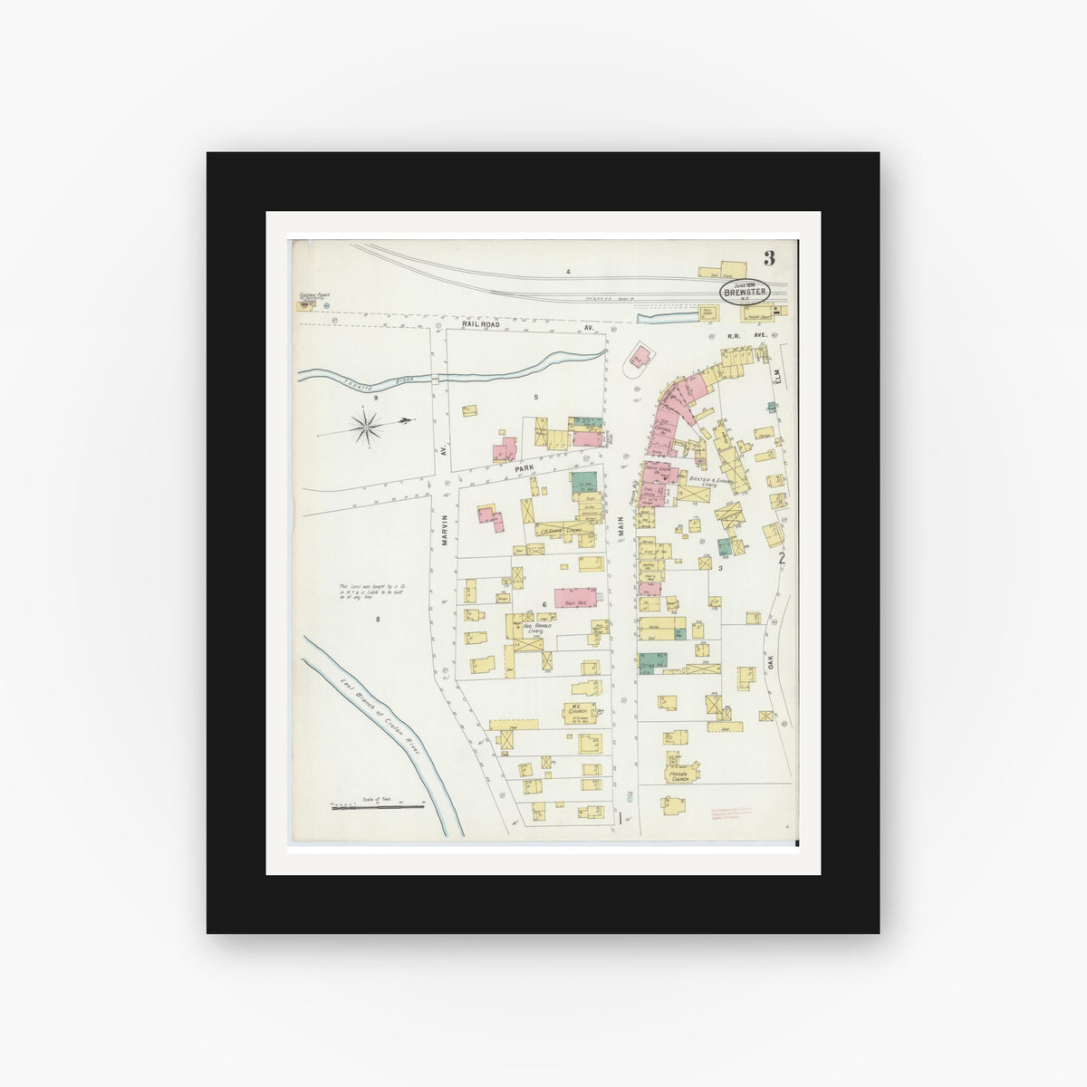 Old map wall art mockup — black gallery frame with white mat — Sanborn Fire Insurance Map from Brewster, Putnam County, New York (1898), Sheet #0003