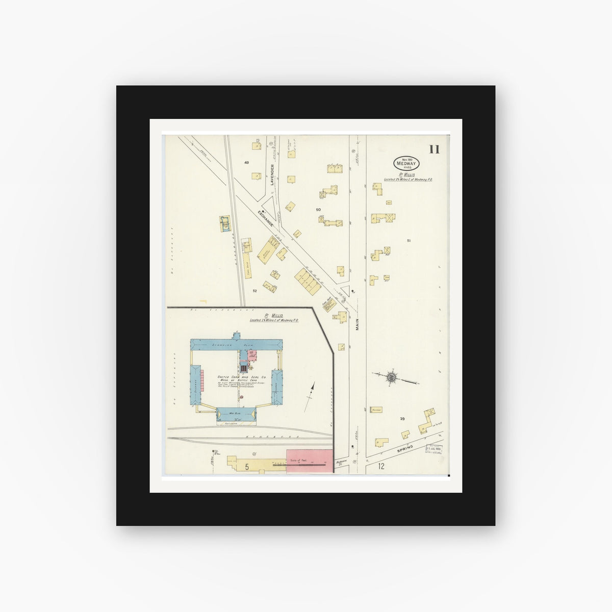 Old map wall art mockup — black gallery frame with white mat — Sanborn Fire Insurance Map from Medway, Norfolk County, Massachusetts (1910), Sheet #0011