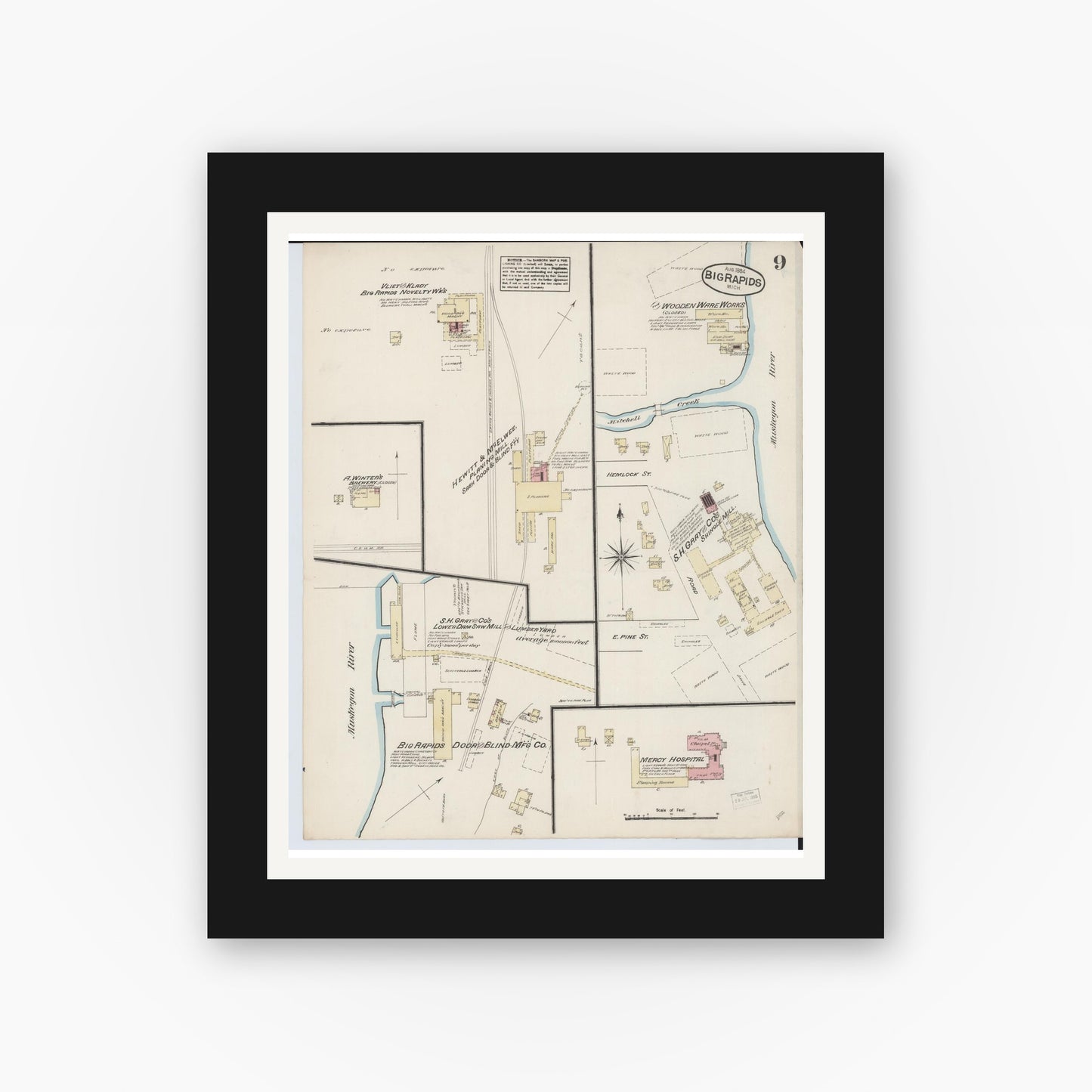 Old map wall art mockup — black gallery frame with white mat — Sanborn Fire Insurance Map from Big Rapids, Mecosta County, Michigan (1884), Sheet #0009