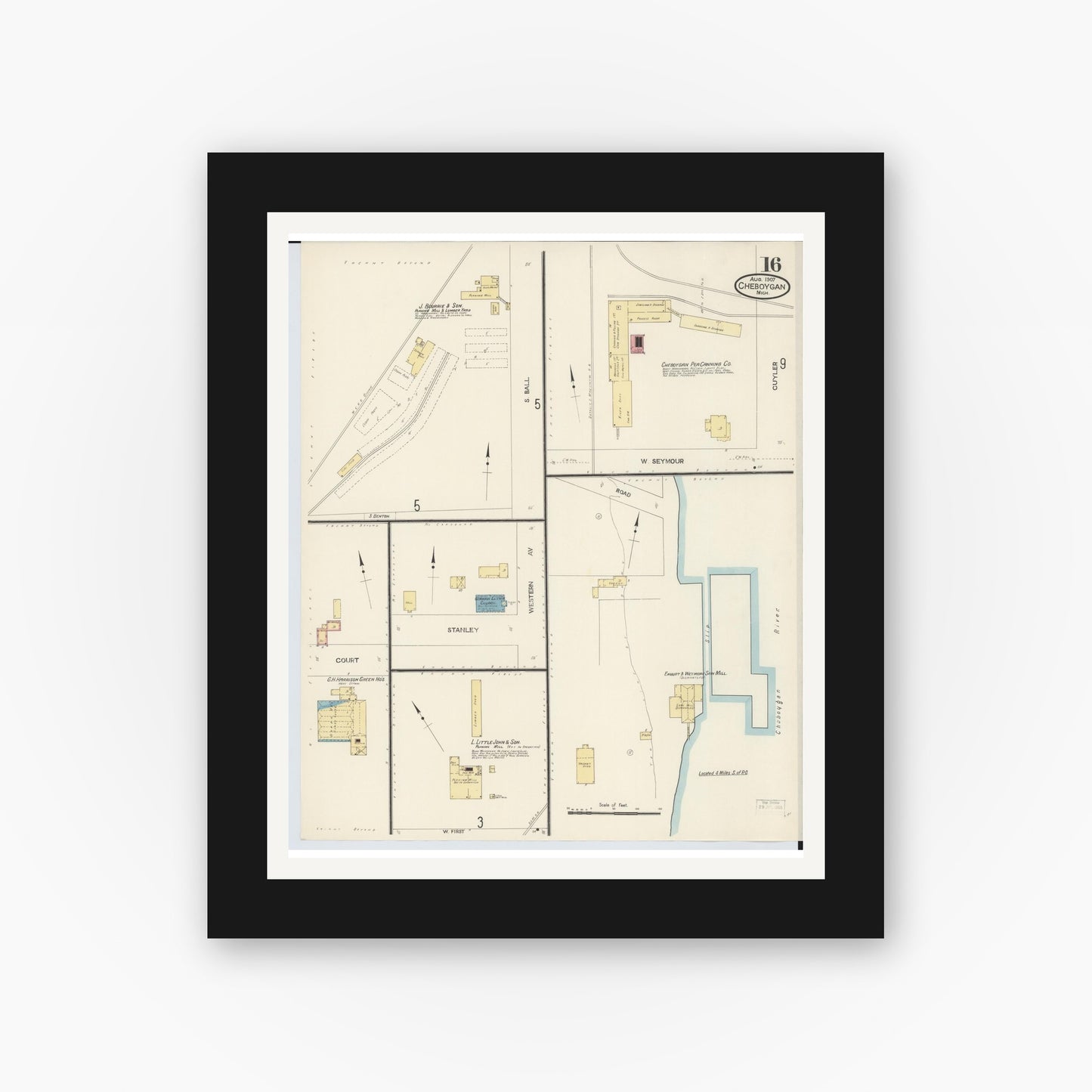 Old map wall art mockup — black gallery frame with white mat — Sanborn Fire Insurance Map from Cheboygan, Cheboygan County, Michigan (1907), Sheet #0016