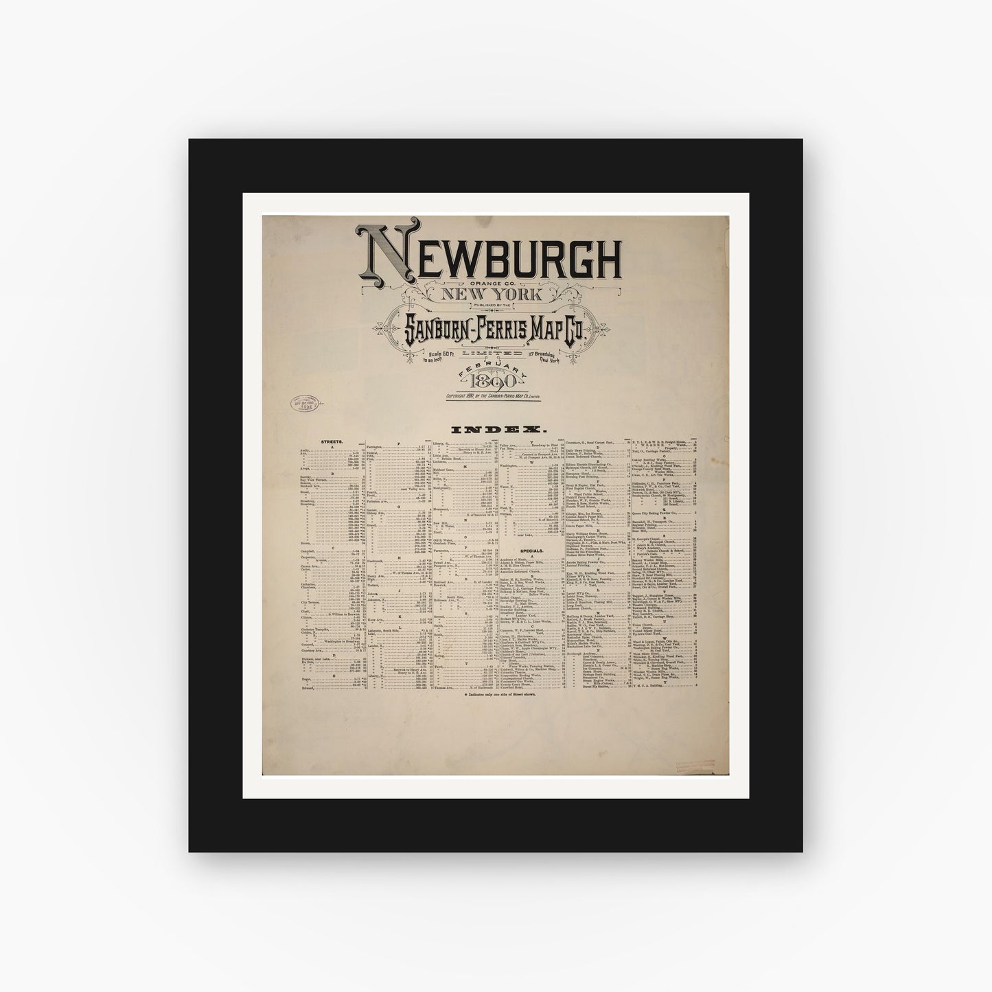 Old map wall art mockup — black gallery frame with white mat — Sanborn Fire Insurance Map from Newburgh, Orange County, New York (1890), Sheet #0001