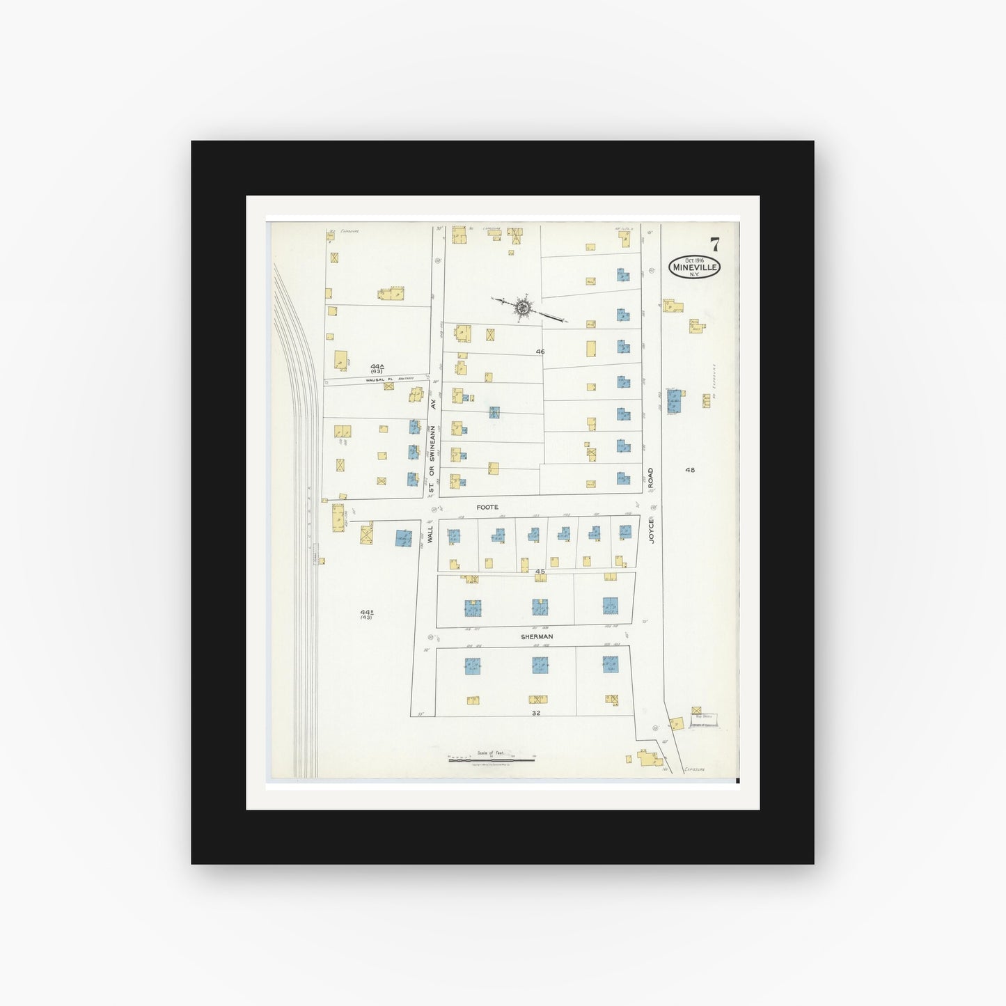 Old map wall art mockup — black gallery frame with white mat — Sanborn Fire Insurance Map from Mineville, Essex County, New York (1916), Sheet #0007