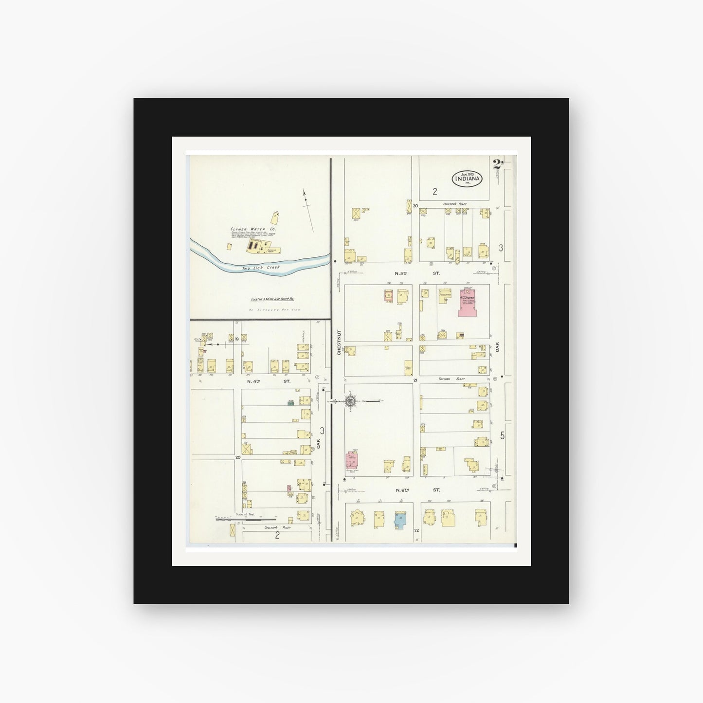 Old map wall art mockup — black gallery frame with white mat — Sanborn Fire Insurance Map from Indiana, Indiana County, Pennsylvania (1910), Sheet #0002