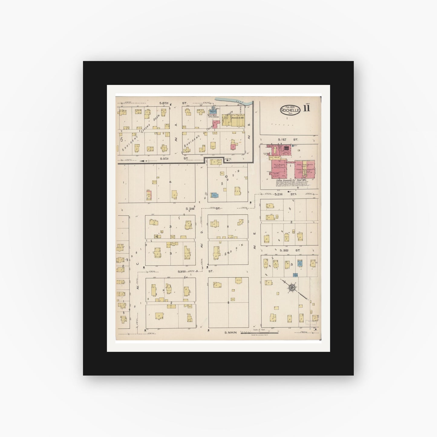 Old map wall art mockup — black gallery frame with white mat — Sanborn Fire Insurance Map from Rochelle, Ogle County, Illinois (1922), Sheet #0011