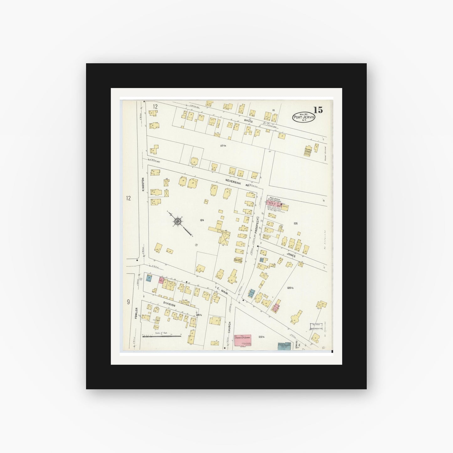Old map wall art mockup — black gallery frame with white mat — Sanborn Fire Insurance Map from Port Jervis, Orange County, New York (1912), Sheet #0015