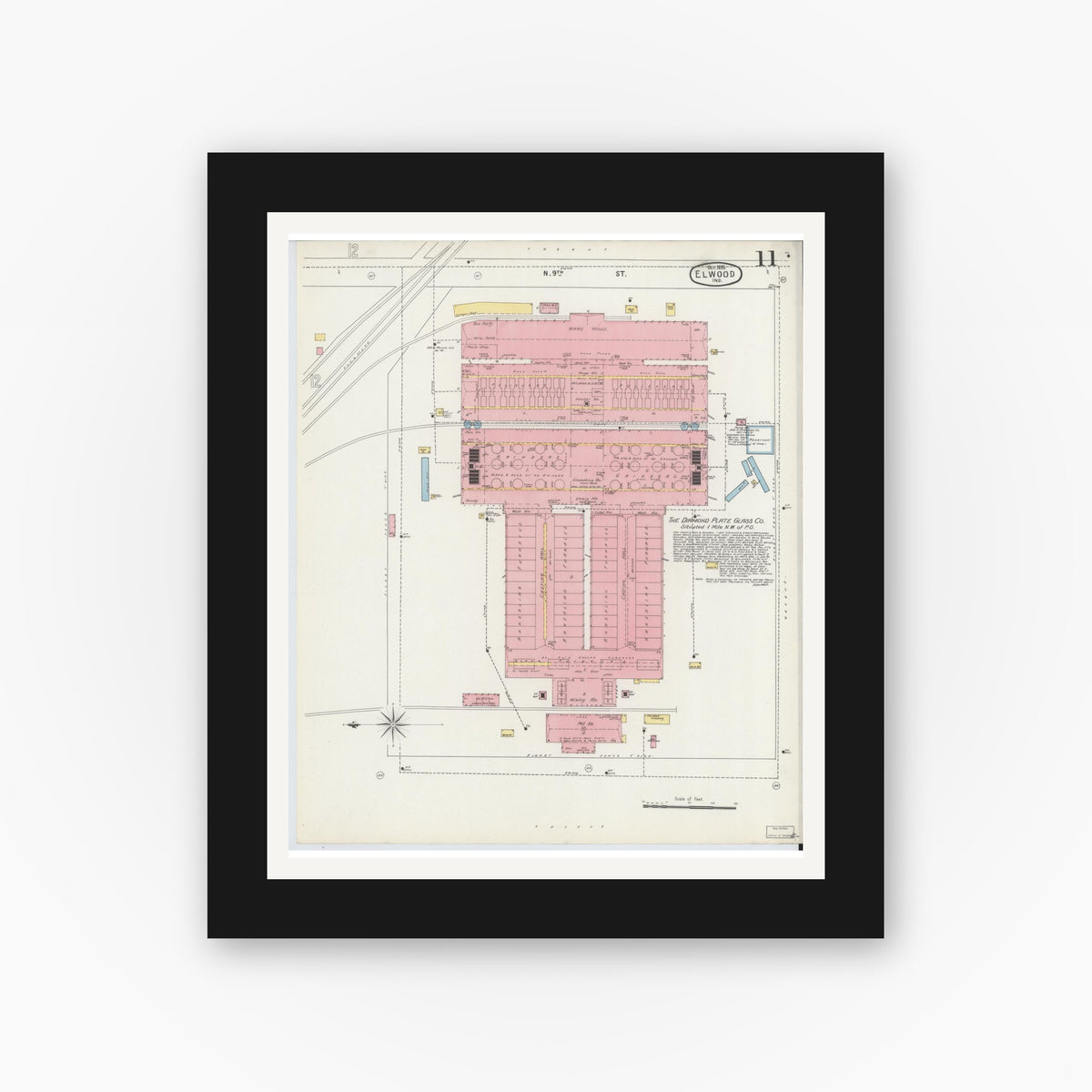 Old map wall art mockup — black gallery frame with white mat — Sanborn Fire Insurance Map from Elwood, Madison County, Indiana (1895), Sheet #0011