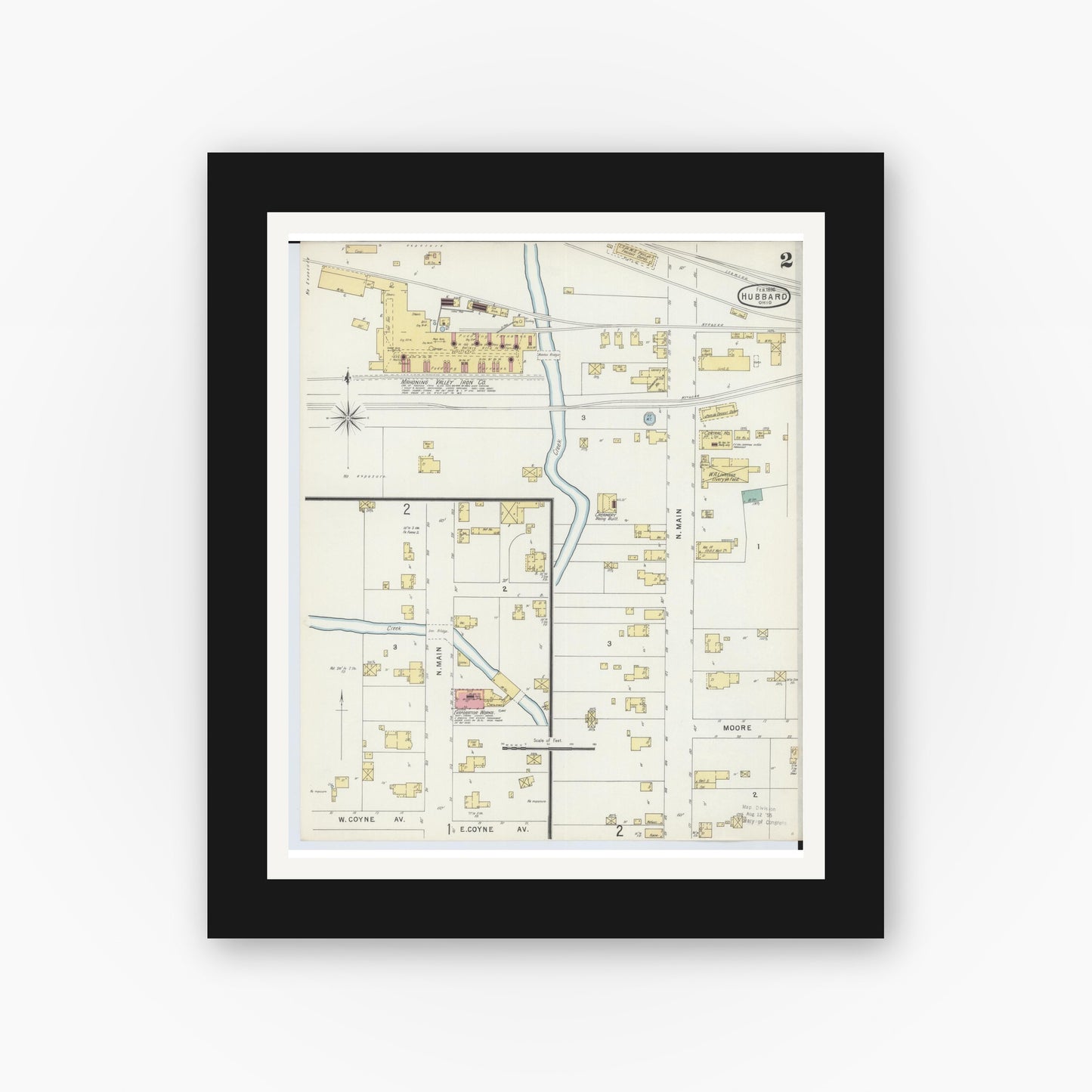 Old map wall art mockup — black gallery frame with white mat — Sanborn Fire Insurance Map from Hubbard, Trumbull County, Ohio (1896), Sheet #0002