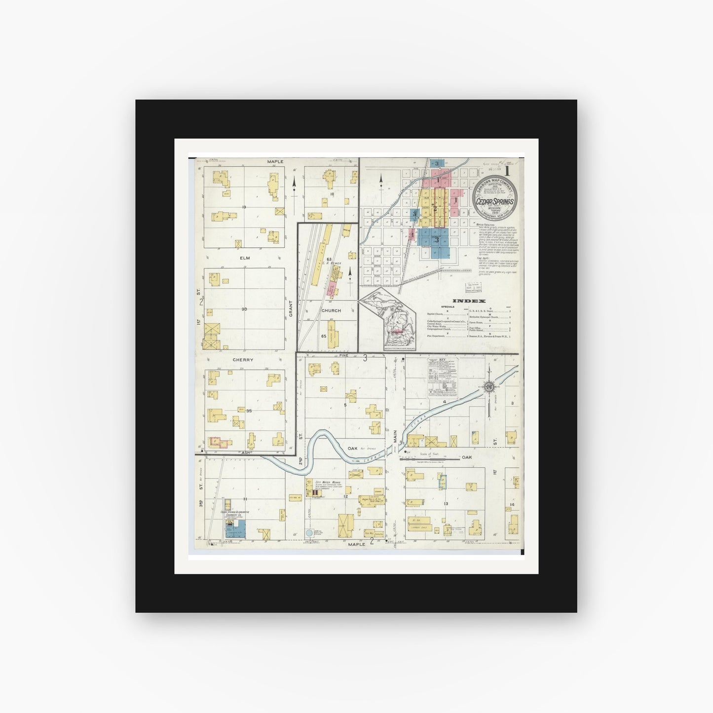 Old map wall art mockup β black gallery frame with white mat β Sanborn Fire Insurance Map from Cedar Springs, Kent County, Michigan (1918) - Complete Map Set