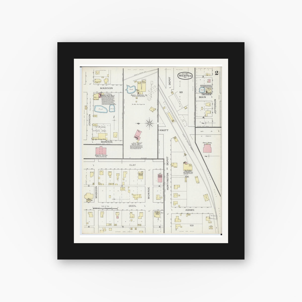 Old map wall art mockup — black gallery frame with white mat — Sanborn Fire Insurance Map from Memphis, Scotland County, Missouri (1893), Sheet #0002