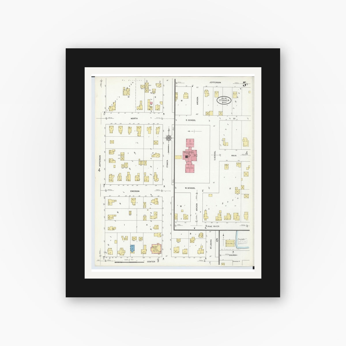 Old map wall art mockup — black gallery frame with white mat — Sanborn Fire Insurance Map from Ithaca, Gratiot County, Michigan (1911), Sheet #0005